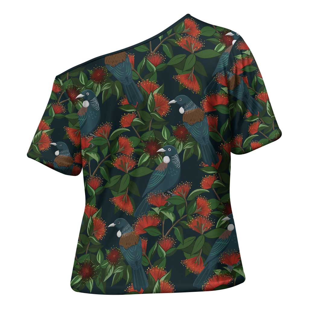 New Zealand Christmas Cross Shoulder Shirt Romantic Tui Birds on Pohutukawa - Cobalt - Aussie Hoodie