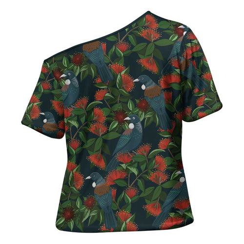 New Zealand Christmas Cross Shoulder Shirt Romantic Tui Birds on Pohutukawa - Cobalt - Aussie Hoodie