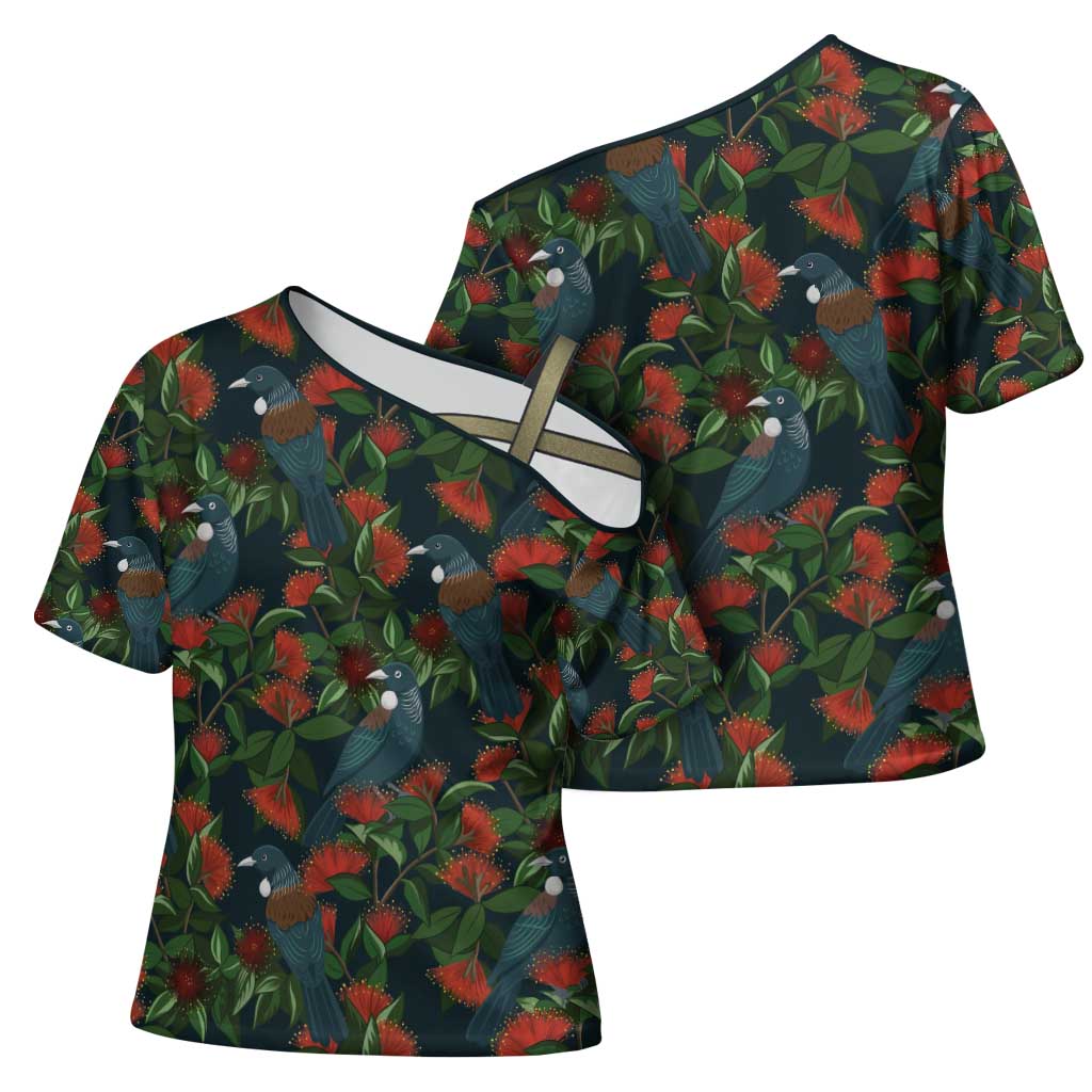 New Zealand Christmas Cross Shoulder Shirt Romantic Tui Birds on Pohutukawa - Cobalt - Aussie Hoodie