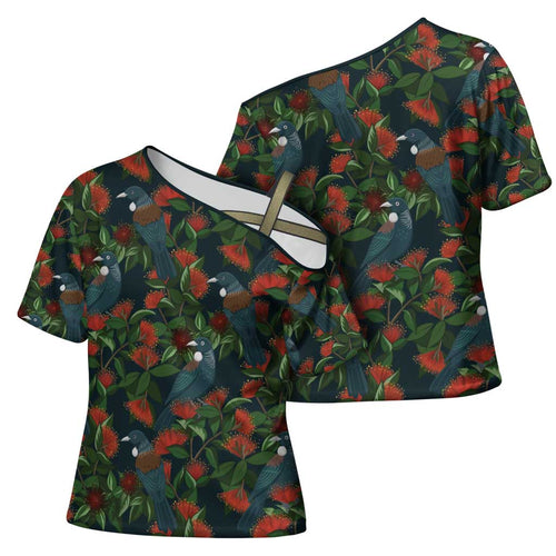 New Zealand Christmas Cross Shoulder Shirt Romantic Tui Birds on Pohutukawa - Cobalt - Aussie Hoodie