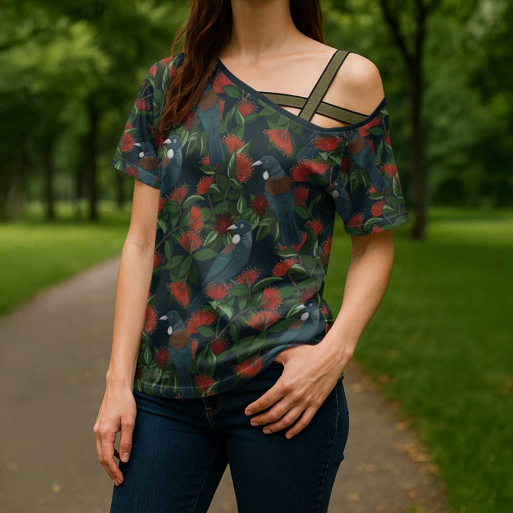 New Zealand Christmas Cross Shoulder Shirt Romantic Tui Birds on Pohutukawa - Cobalt - Aussie Hoodie