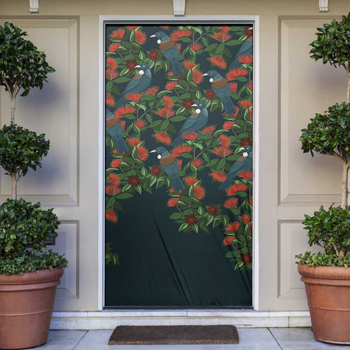New Zealand Christmas Door Cover Romantic Tui Birds on Pohutukawa - Cobalt - Aussie Hoodie