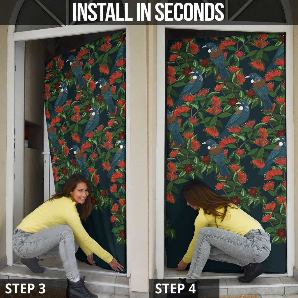New Zealand Christmas Door Cover Romantic Tui Birds on Pohutukawa - Cobalt - Aussie Hoodie