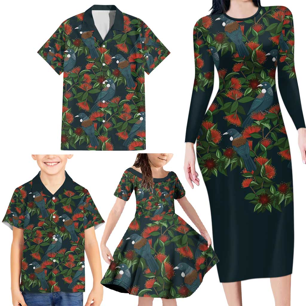 New Zealand Christmas Family Matching Long Sleeve Bodycon Dress and Hawaiian Shirt Romantic Tui Birds on Pohutukawa - Cobalt - Aussie Hoodie