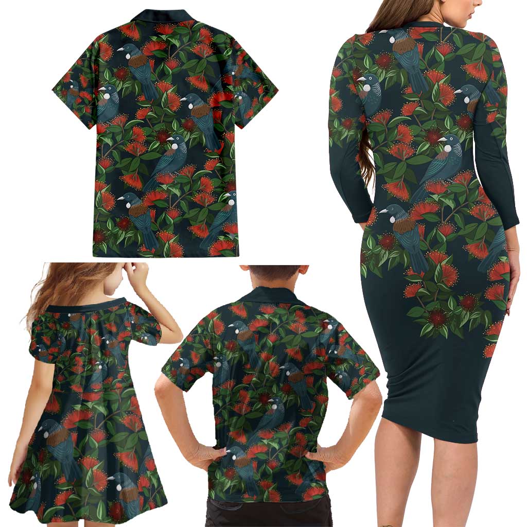 New Zealand Christmas Family Matching Long Sleeve Bodycon Dress and Hawaiian Shirt Romantic Tui Birds on Pohutukawa - Cobalt - Aussie Hoodie