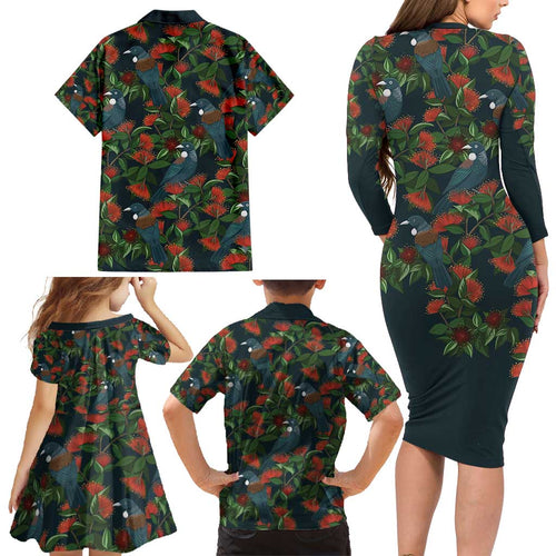 New Zealand Christmas Family Matching Long Sleeve Bodycon Dress and Hawaiian Shirt Romantic Tui Birds on Pohutukawa - Cobalt - Aussie Hoodie