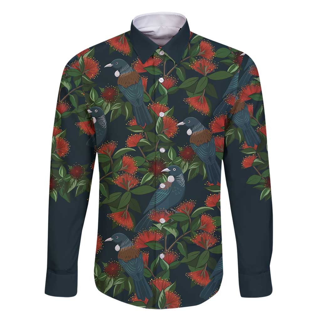 New Zealand Christmas Family Matching Long Sleeve Bodycon Dress and Hawaiian Shirt Romantic Tui Birds on Pohutukawa - Cobalt - Aussie Hoodie