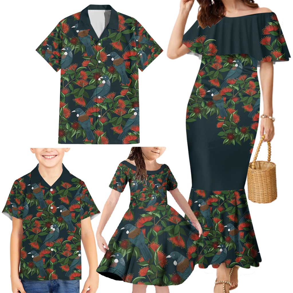 New Zealand Christmas Family Matching Mermaid Dress and Hawaiian Shirt Romantic Tui Birds on Pohutukawa - Cobalt - Aussie Hoodie