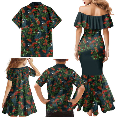 New Zealand Christmas Family Matching Mermaid Dress and Hawaiian Shirt Romantic Tui Birds on Pohutukawa - Cobalt - Aussie Hoodie