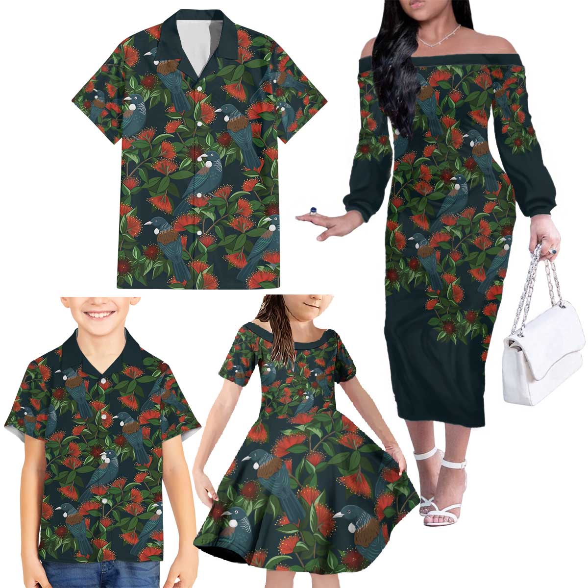 New Zealand Christmas Family Matching Off The Shoulder Long Sleeve Dress and Hawaiian Shirt Romantic Tui Birds on Pohutukawa - Cobalt - Aussie Hoodie