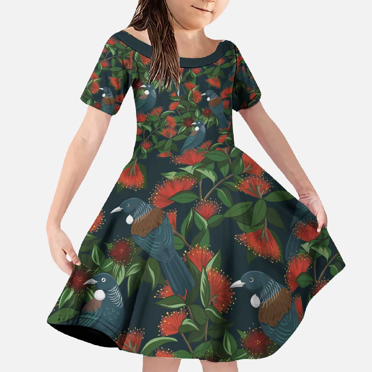 New Zealand Christmas Family Matching Off The Shoulder Long Sleeve Dress and Hawaiian Shirt Romantic Tui Birds on Pohutukawa - Cobalt - Aussie Hoodie