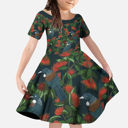 New Zealand Christmas Family Matching Off The Shoulder Long Sleeve Dress and Hawaiian Shirt Romantic Tui Birds on Pohutukawa - Cobalt - Aussie Hoodie
