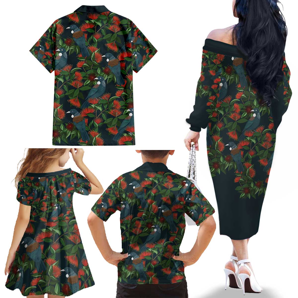 New Zealand Christmas Family Matching Off The Shoulder Long Sleeve Dress and Hawaiian Shirt Romantic Tui Birds on Pohutukawa - Cobalt - Aussie Hoodie