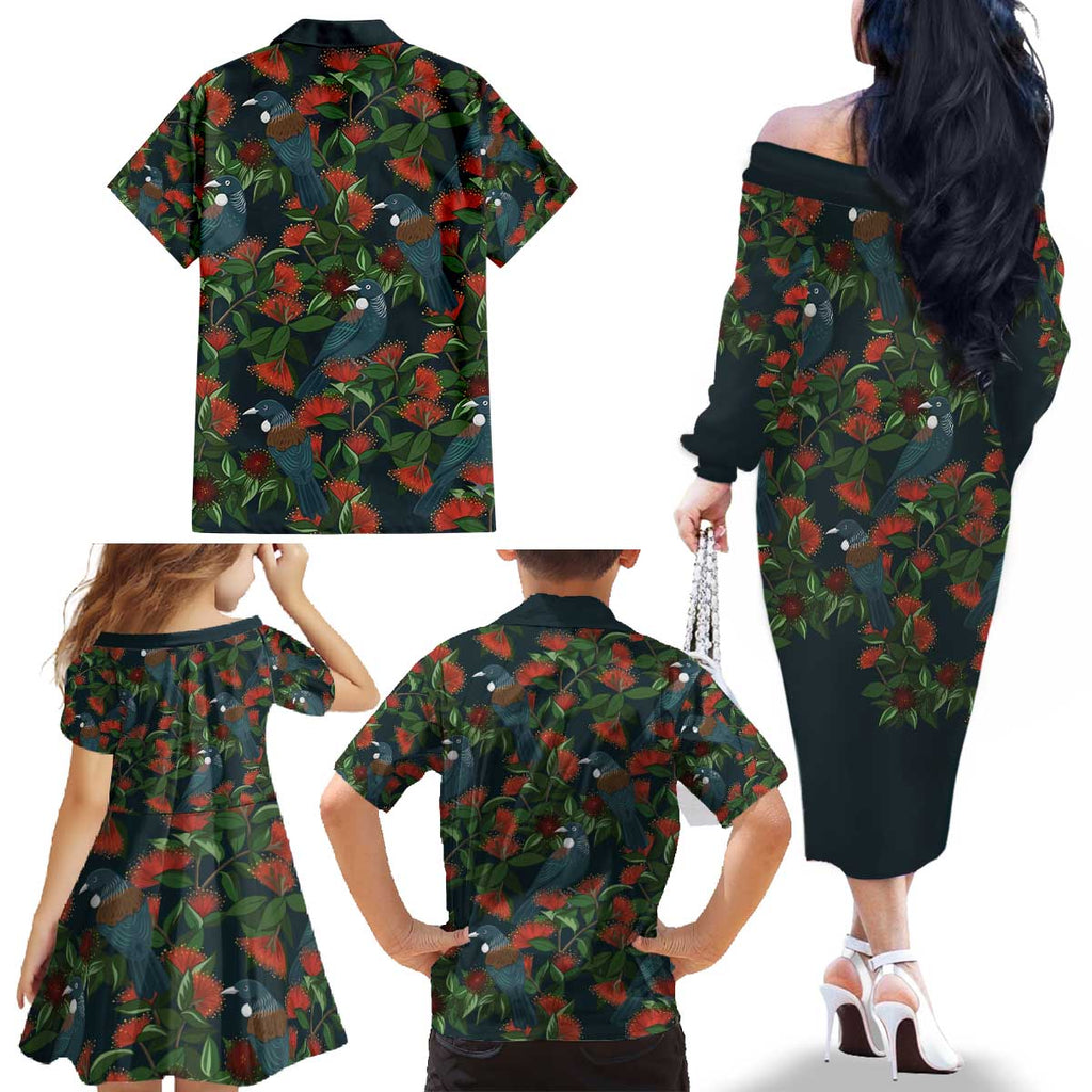 New Zealand Christmas Family Matching Off The Shoulder Long Sleeve Dress and Hawaiian Shirt Romantic Tui Birds on Pohutukawa - Cobalt - Aussie Hoodie