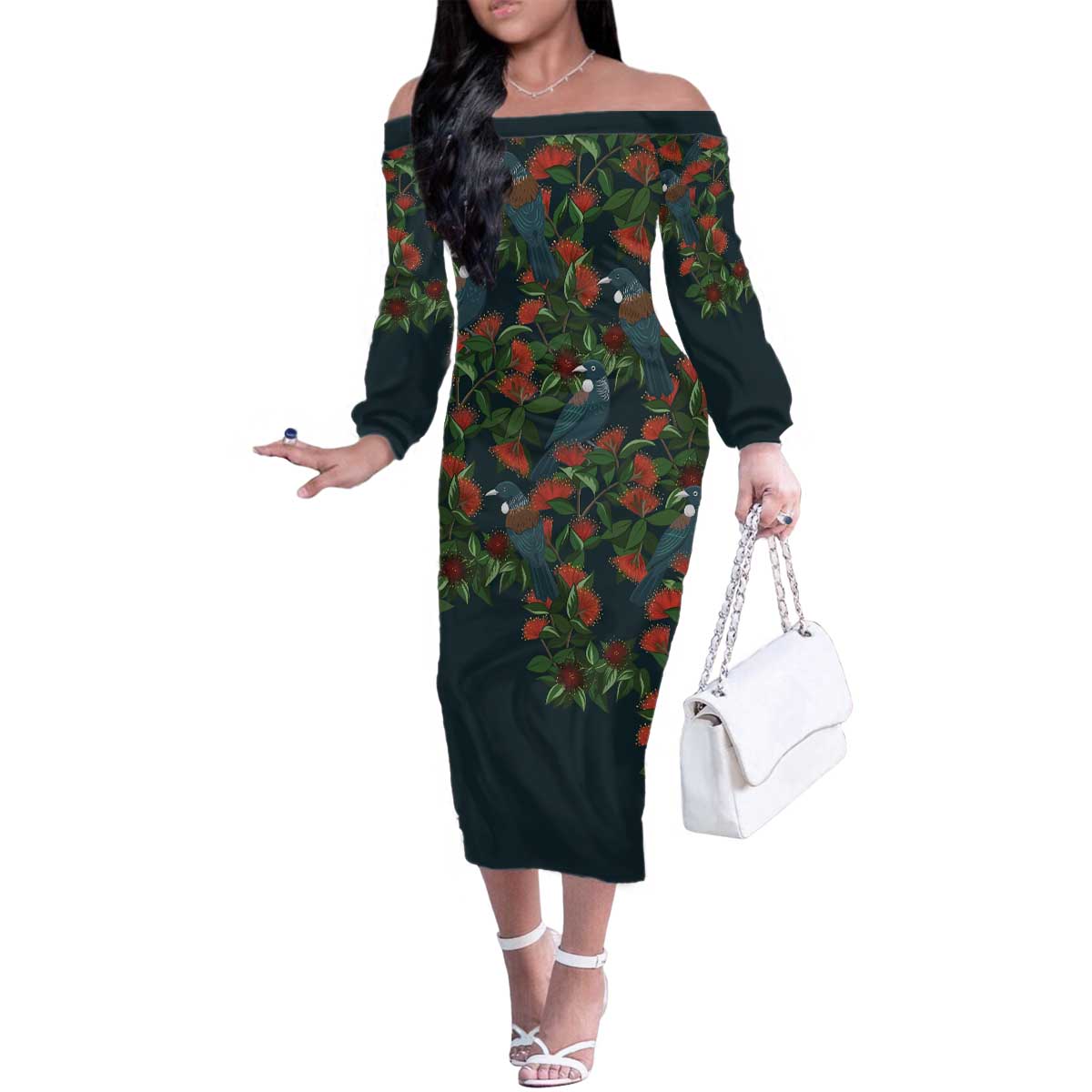 New Zealand Christmas Family Matching Off The Shoulder Long Sleeve Dress and Hawaiian Shirt Romantic Tui Birds on Pohutukawa - Cobalt - Aussie Hoodie