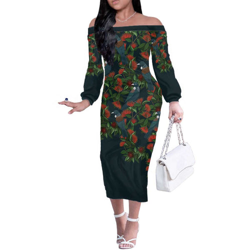 New Zealand Christmas Family Matching Off The Shoulder Long Sleeve Dress and Hawaiian Shirt Romantic Tui Birds on Pohutukawa - Cobalt - Aussie Hoodie