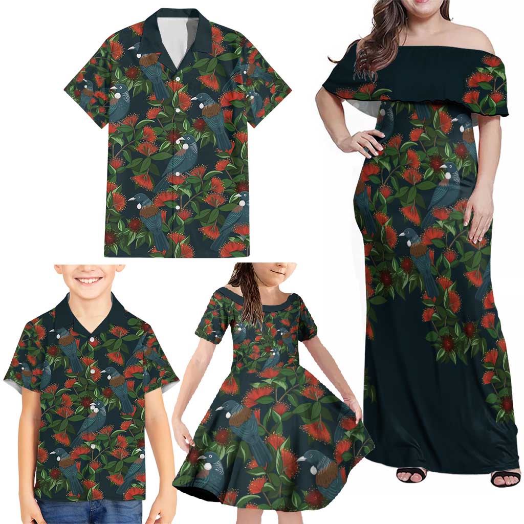 New Zealand Christmas Family Matching Off Shoulder Maxi Dress and Hawaiian Shirt Romantic Tui Birds on Pohutukawa - Cobalt - Aussie Hoodie