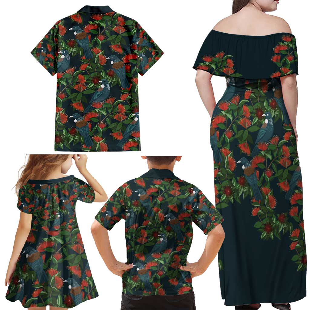 New Zealand Christmas Family Matching Off Shoulder Maxi Dress and Hawaiian Shirt Romantic Tui Birds on Pohutukawa - Cobalt - Aussie Hoodie
