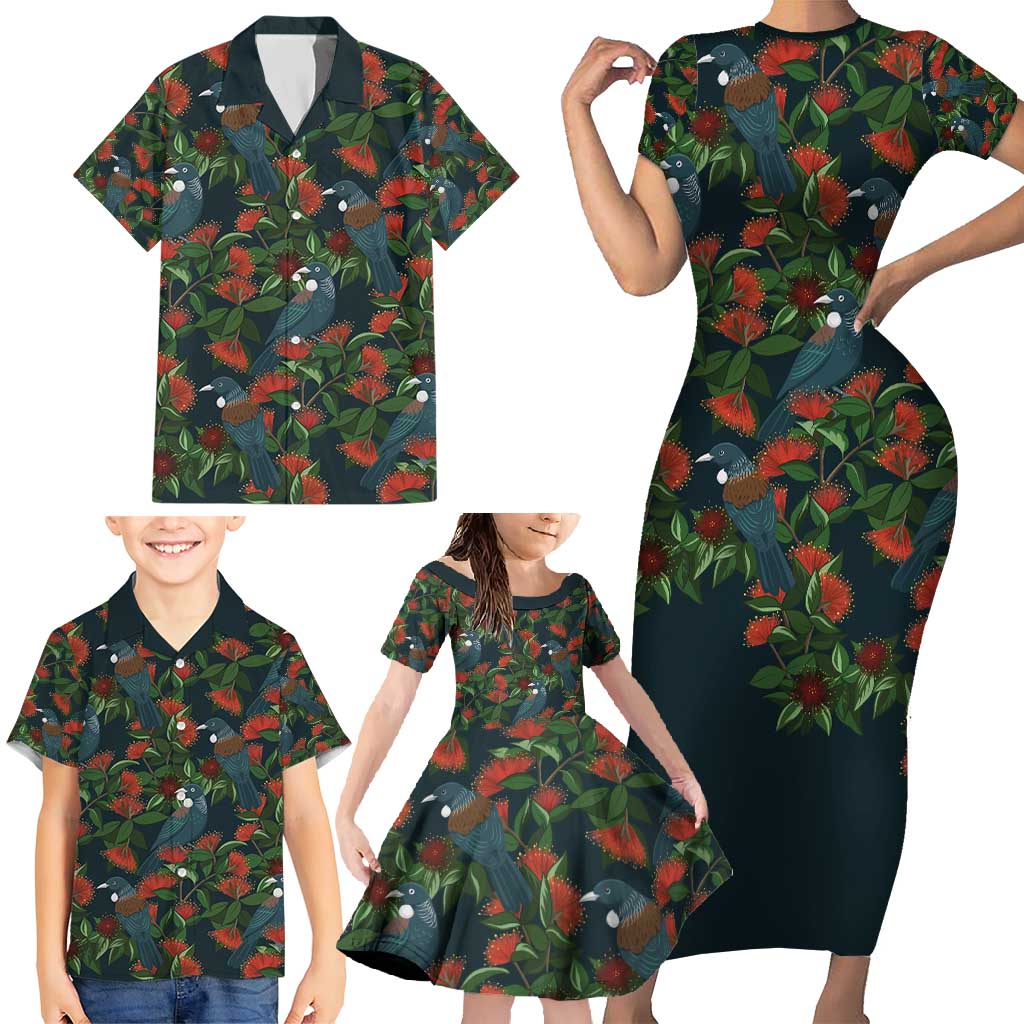 New Zealand Christmas Family Matching Short Sleeve Bodycon Dress and Hawaiian Shirt Romantic Tui Birds on Pohutukawa - Cobalt - Aussie Hoodie