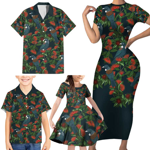 New Zealand Christmas Family Matching Short Sleeve Bodycon Dress and Hawaiian Shirt Romantic Tui Birds on Pohutukawa - Cobalt - Aussie Hoodie