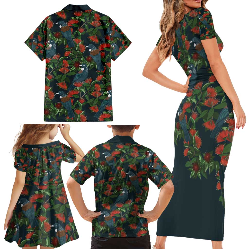 New Zealand Christmas Family Matching Short Sleeve Bodycon Dress and Hawaiian Shirt Romantic Tui Birds on Pohutukawa - Cobalt - Aussie Hoodie