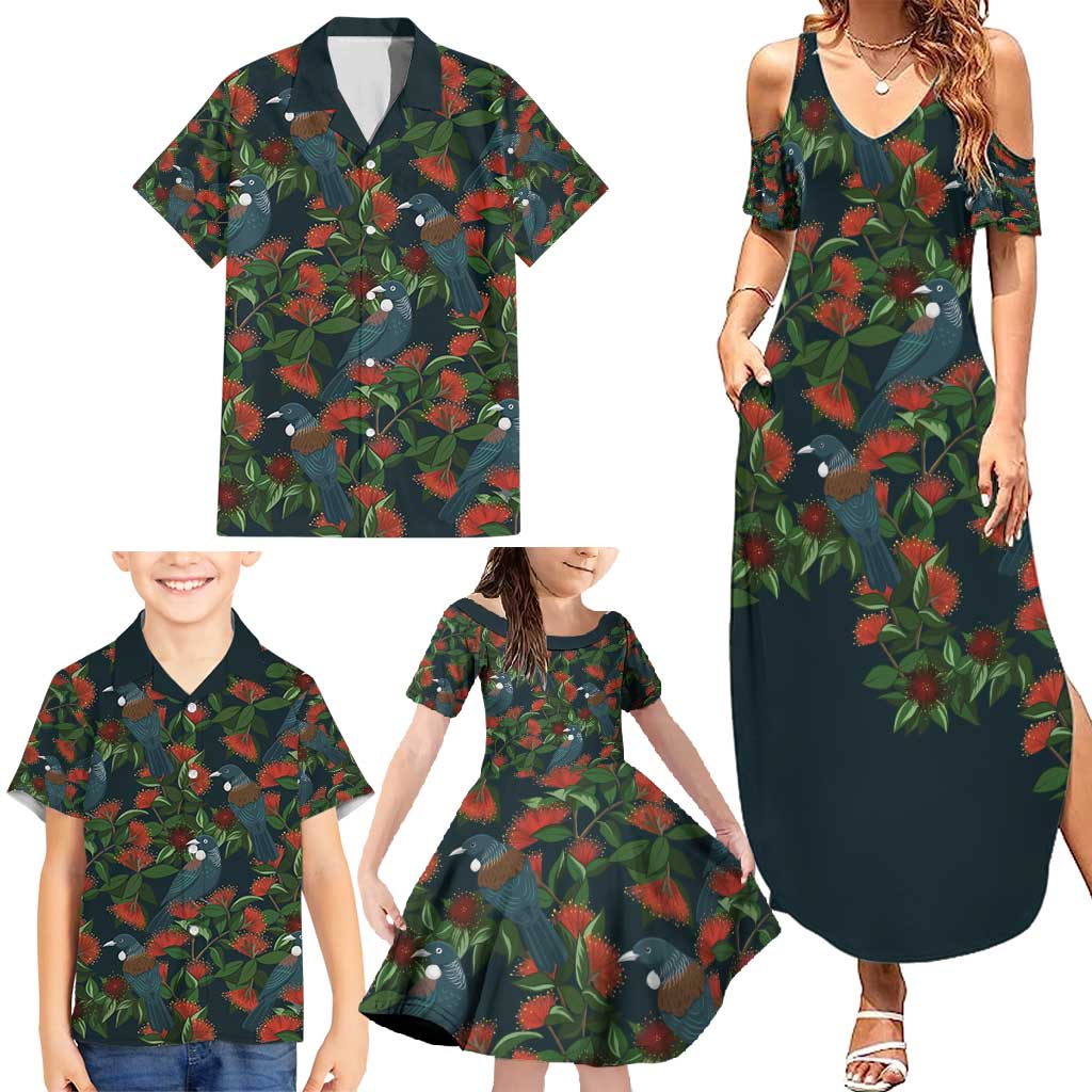 New Zealand Christmas Family Matching Summer Maxi Dress and Hawaiian Shirt Romantic Tui Birds on Pohutukawa - Cobalt - Aussie Hoodie