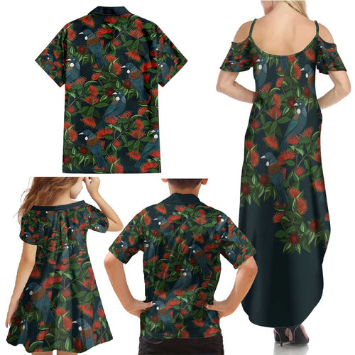 New Zealand Christmas Family Matching Summer Maxi Dress and Hawaiian Shirt Romantic Tui Birds on Pohutukawa - Cobalt - Aussie Hoodie