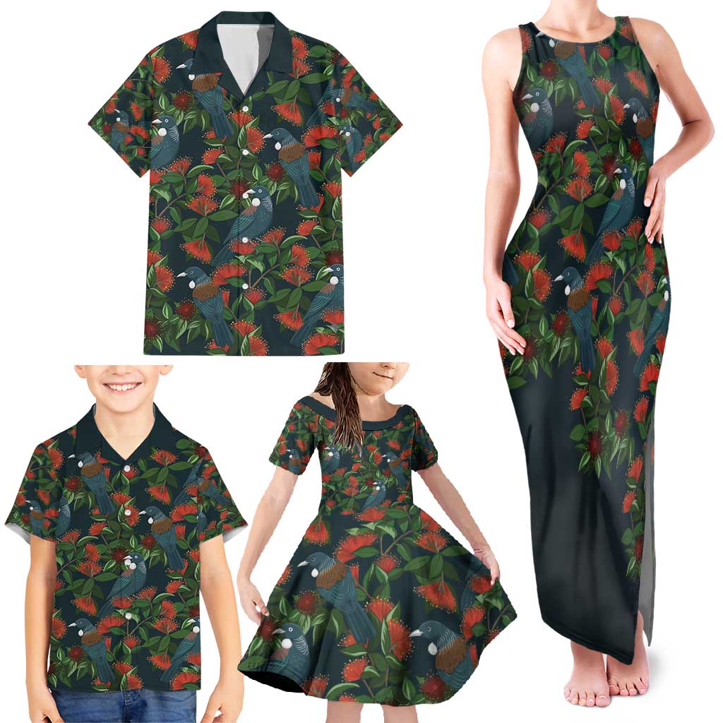 New Zealand Christmas Family Matching Tank Maxi Dress and Hawaiian Shirt Romantic Tui Birds on Pohutukawa - Cobalt - Aussie Hoodie