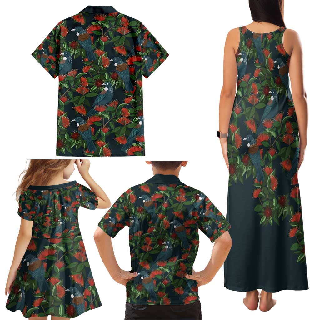 New Zealand Christmas Family Matching Tank Maxi Dress and Hawaiian Shirt Romantic Tui Birds on Pohutukawa - Cobalt - Aussie Hoodie
