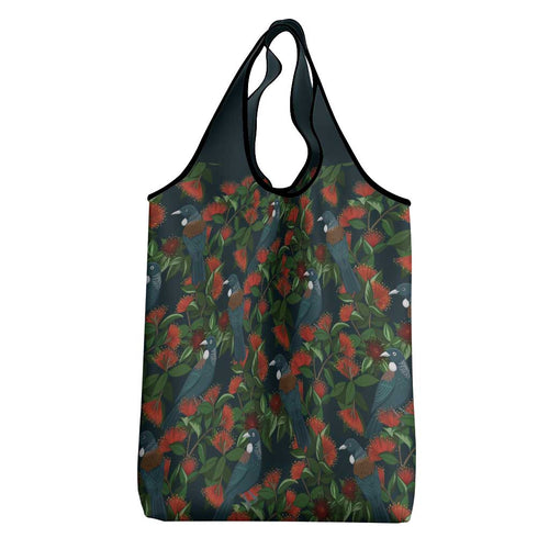New Zealand Christmas Grocery Bag Romantic Tui Birds on Pohutukawa - Cobalt - Aussie Hoodie