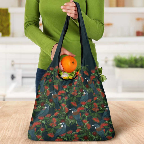 New Zealand Christmas Grocery Bag Romantic Tui Birds on Pohutukawa - Cobalt - Aussie Hoodie