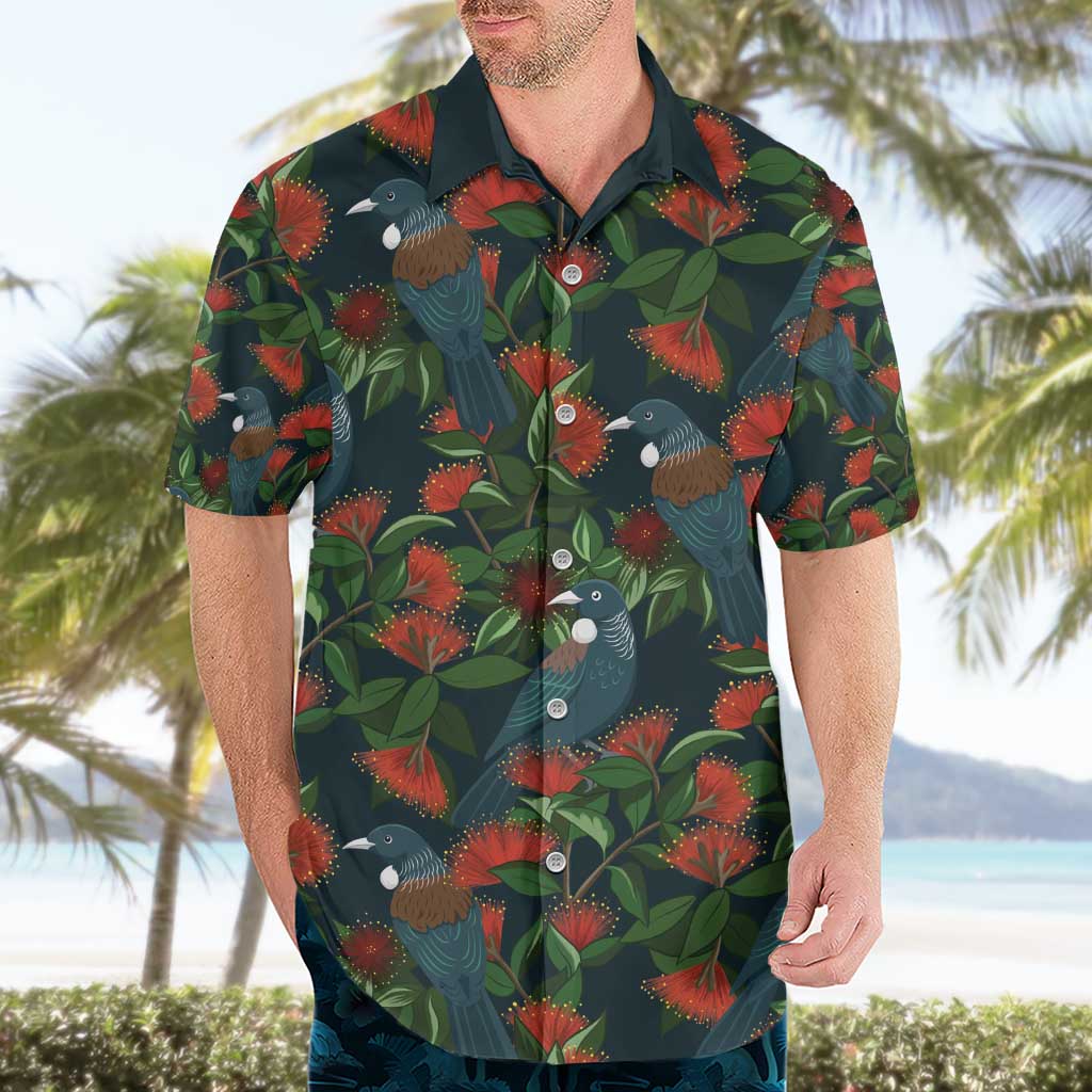 New Zealand Christmas Hawaiian Shirt Romantic Tui Birds on Pohutukawa - Cobalt - Aussie Hoodie