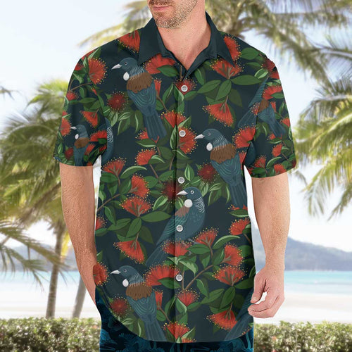New Zealand Christmas Hawaiian Shirt Romantic Tui Birds on Pohutukawa - Cobalt - Aussie Hoodie