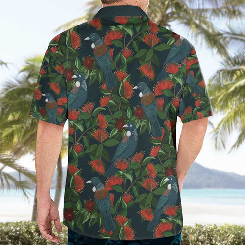 New Zealand Christmas Hawaiian Shirt Romantic Tui Birds on Pohutukawa - Cobalt - Aussie Hoodie