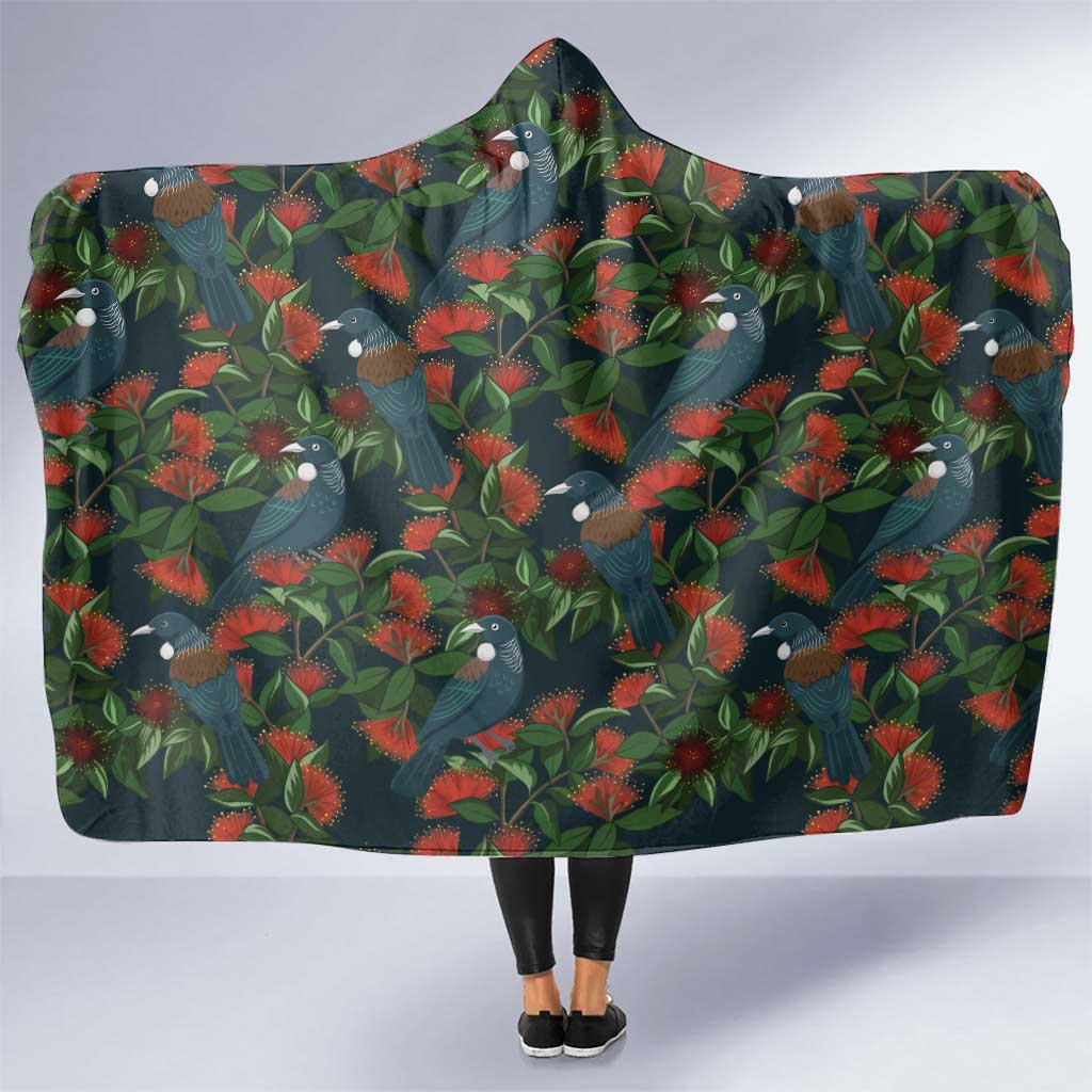 New Zealand Christmas Hooded Blanket Romantic Tui Birds on Pohutukawa - Cobalt - Aussie Hoodie