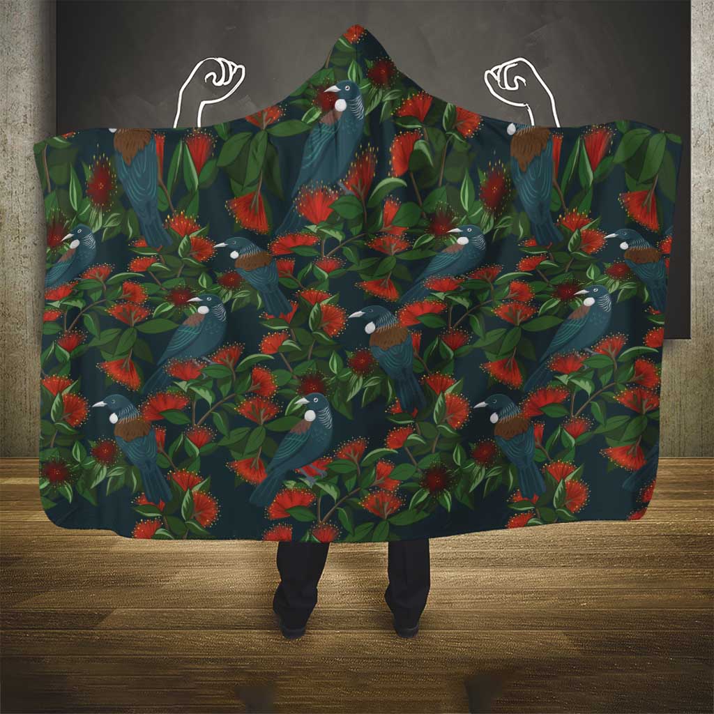 New Zealand Christmas Hooded Blanket Romantic Tui Birds on Pohutukawa - Cobalt - Aussie Hoodie