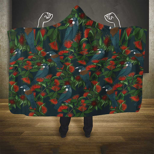 New Zealand Christmas Hooded Blanket Romantic Tui Birds on Pohutukawa - Cobalt - Aussie Hoodie