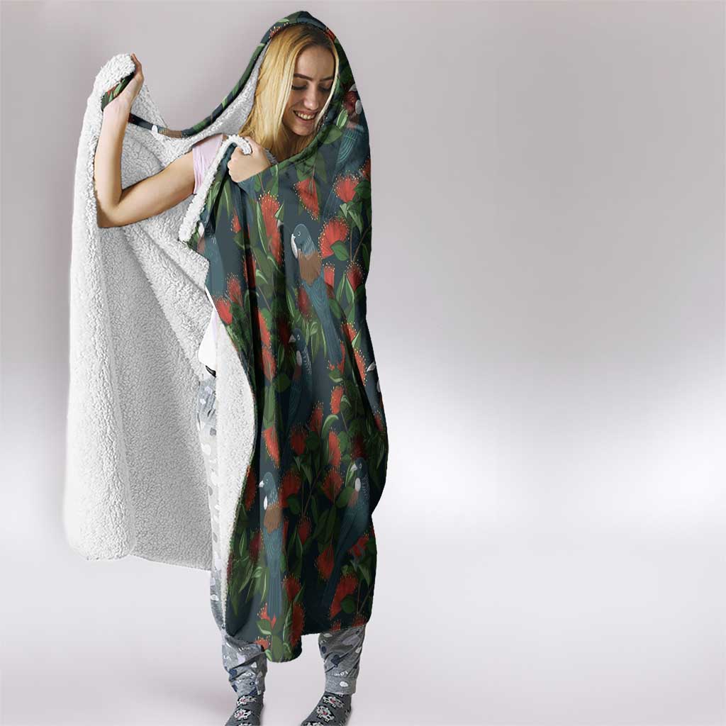 New Zealand Christmas Hooded Blanket Romantic Tui Birds on Pohutukawa - Cobalt - Aussie Hoodie