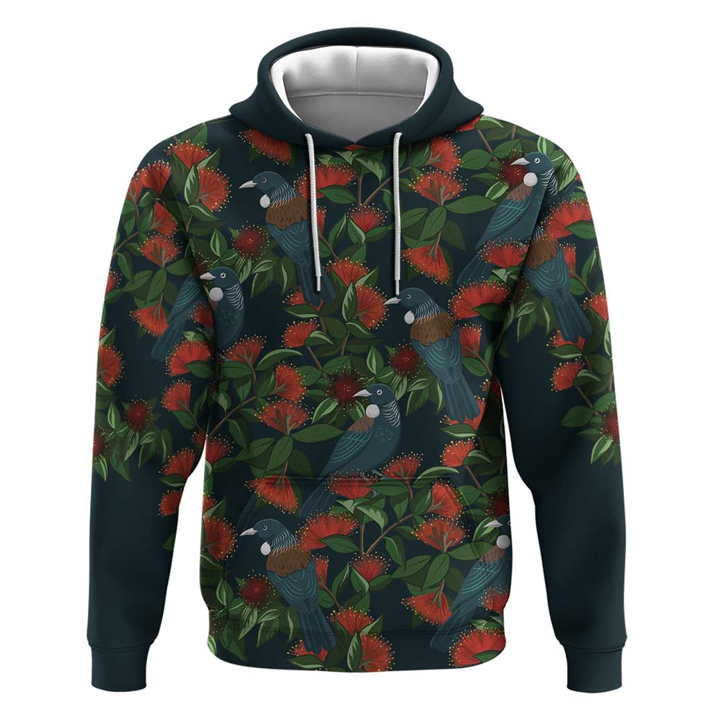 New Zealand Christmas Hoodie Romantic Tui Birds on Pohutukawa - Cobalt - Aussie Hoodie