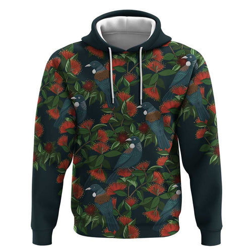 New Zealand Christmas Hoodie Romantic Tui Birds on Pohutukawa - Cobalt - Aussie Hoodie
