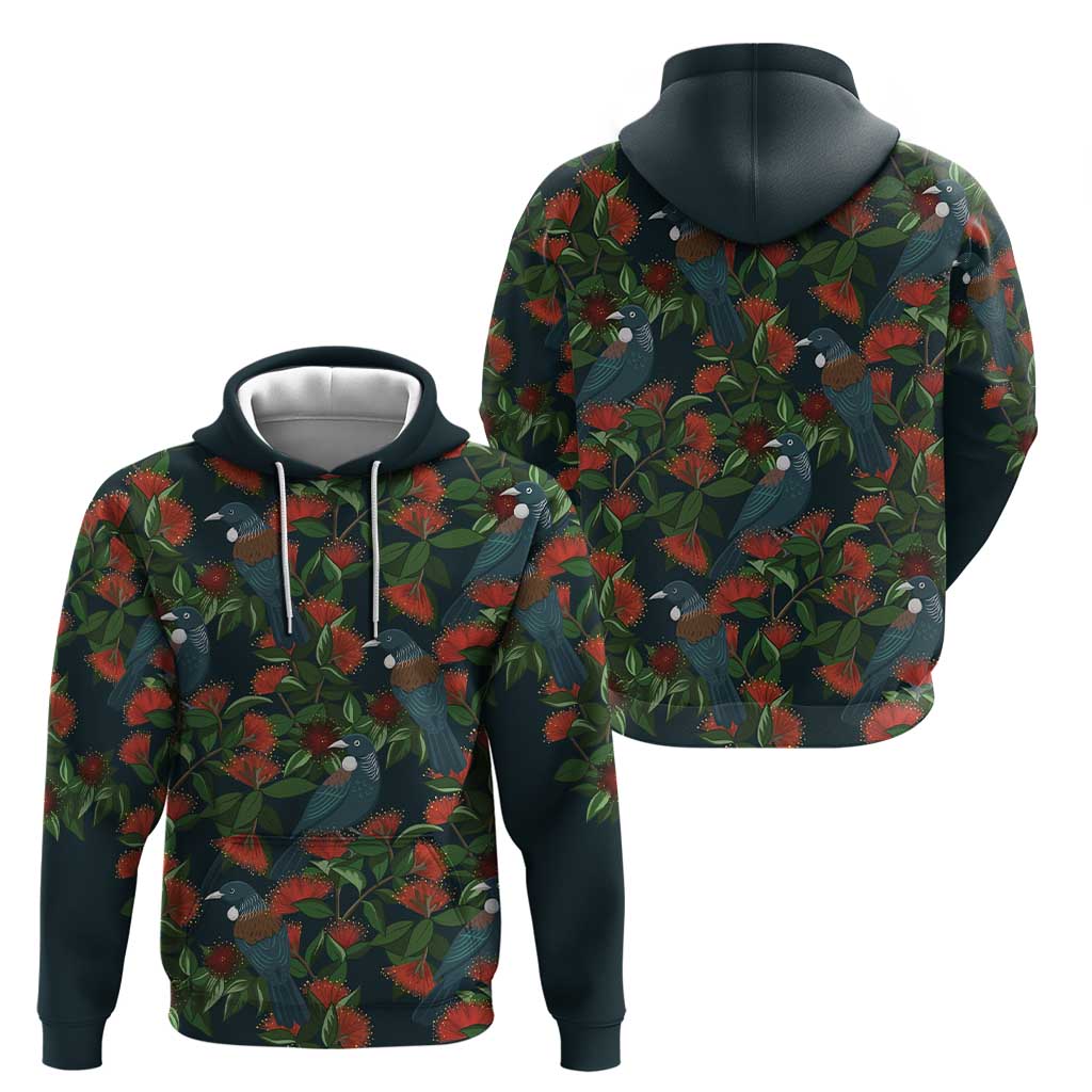 New Zealand Christmas Hoodie Romantic Tui Birds on Pohutukawa - Cobalt - Aussie Hoodie