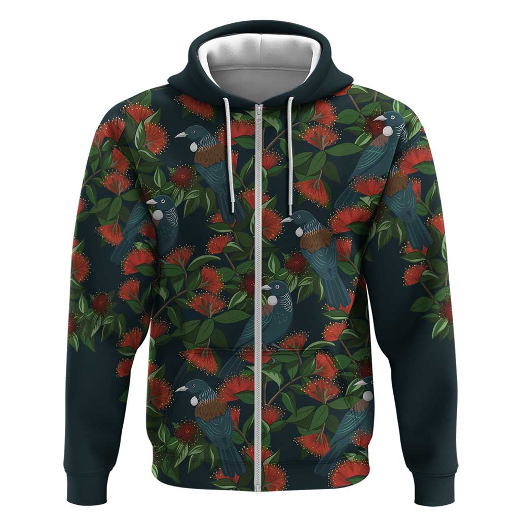 New Zealand Christmas Hoodie Romantic Tui Birds on Pohutukawa - Cobalt - Aussie Hoodie