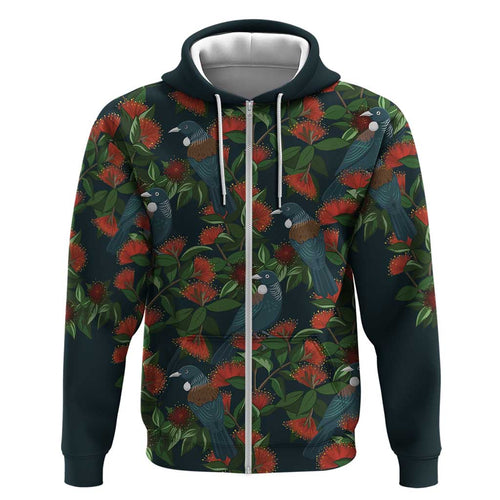 New Zealand Christmas Hoodie Romantic Tui Birds on Pohutukawa - Cobalt - Aussie Hoodie