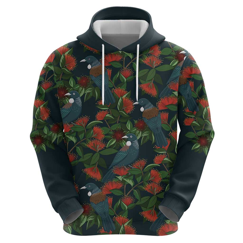 New Zealand Christmas Hoodie Romantic Tui Birds on Pohutukawa - Cobalt - Aussie Hoodie