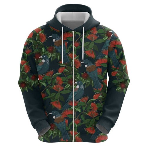 New Zealand Christmas Hoodie Romantic Tui Birds on Pohutukawa - Cobalt - Aussie Hoodie