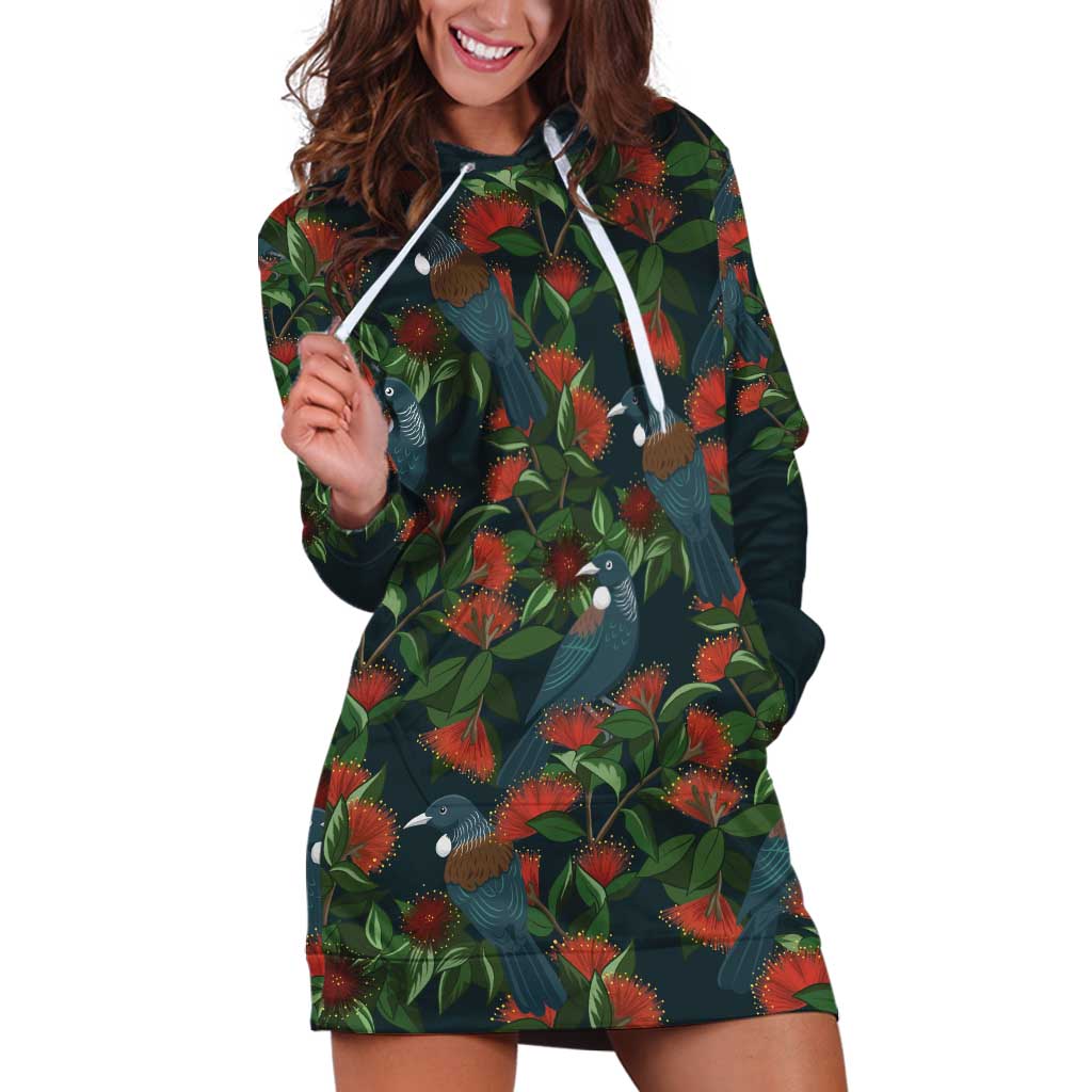 New Zealand Christmas Hoodie Dress Romantic Tui Birds on Pohutukawa - Cobalt - Aussie Hoodie