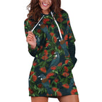 New Zealand Christmas Hoodie Dress Romantic Tui Birds on Pohutukawa - Cobalt - Aussie Hoodie