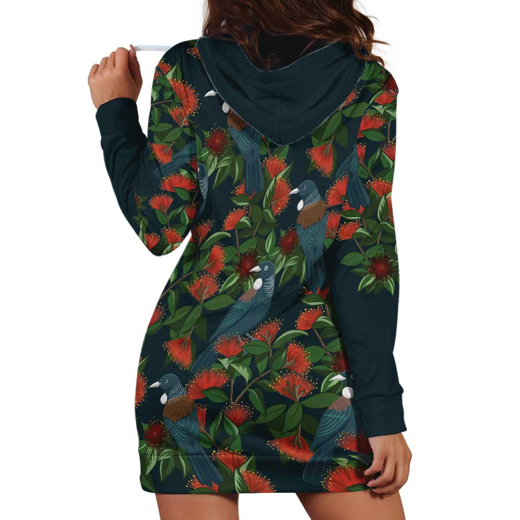 New Zealand Christmas Hoodie Dress Romantic Tui Birds on Pohutukawa - Cobalt - Aussie Hoodie