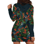 New Zealand Christmas Hoodie Dress Romantic Tui Birds on Pohutukawa - Cobalt - Aussie Hoodie
