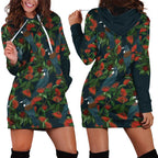 New Zealand Christmas Hoodie Dress Romantic Tui Birds on Pohutukawa - Cobalt - Aussie Hoodie